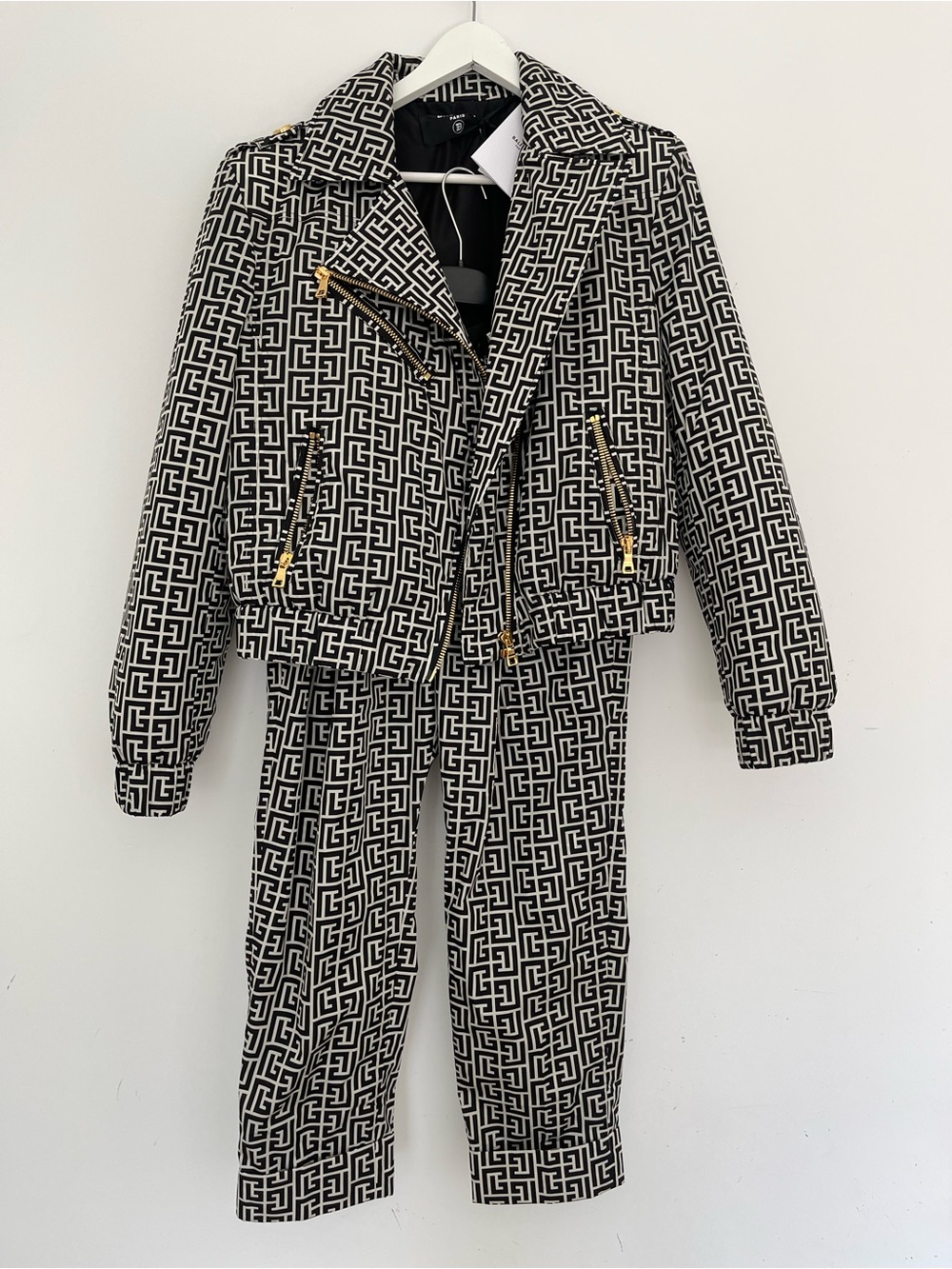 Balmain x Rossignol Ski printed padded shell biker jacket with pants.